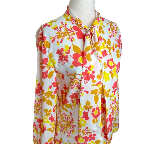Vintage 70s Bright Floral Neck Bow Tie Button Up Blouse - Picture 2 of 8